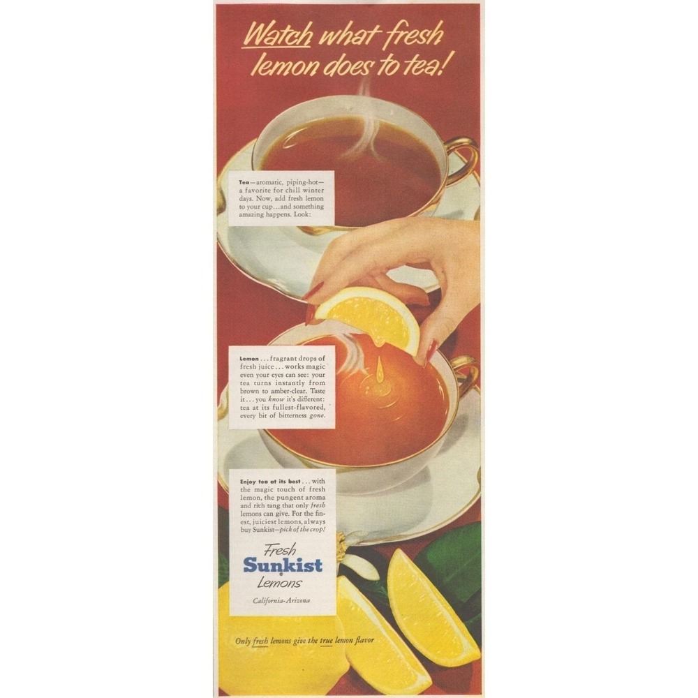 1955 Sunkist Lemons Vintage Print Ad Retro Kitchen‎ Mid Century Citrus Tea Food